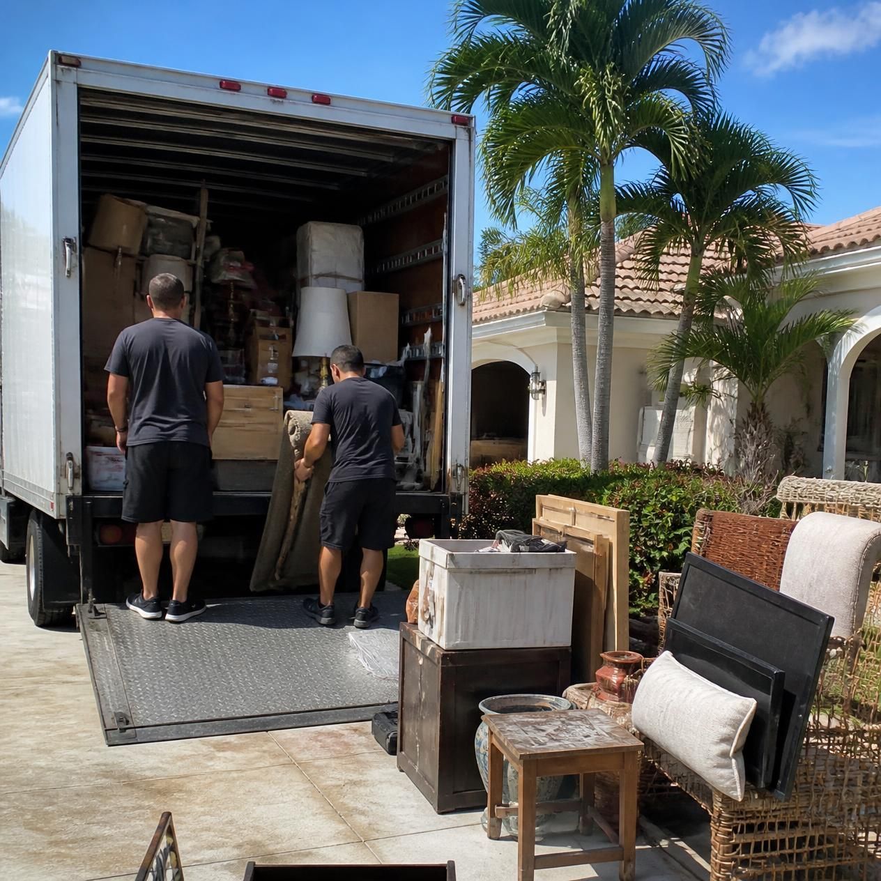 Junk removal employees loading items into the back of a truck