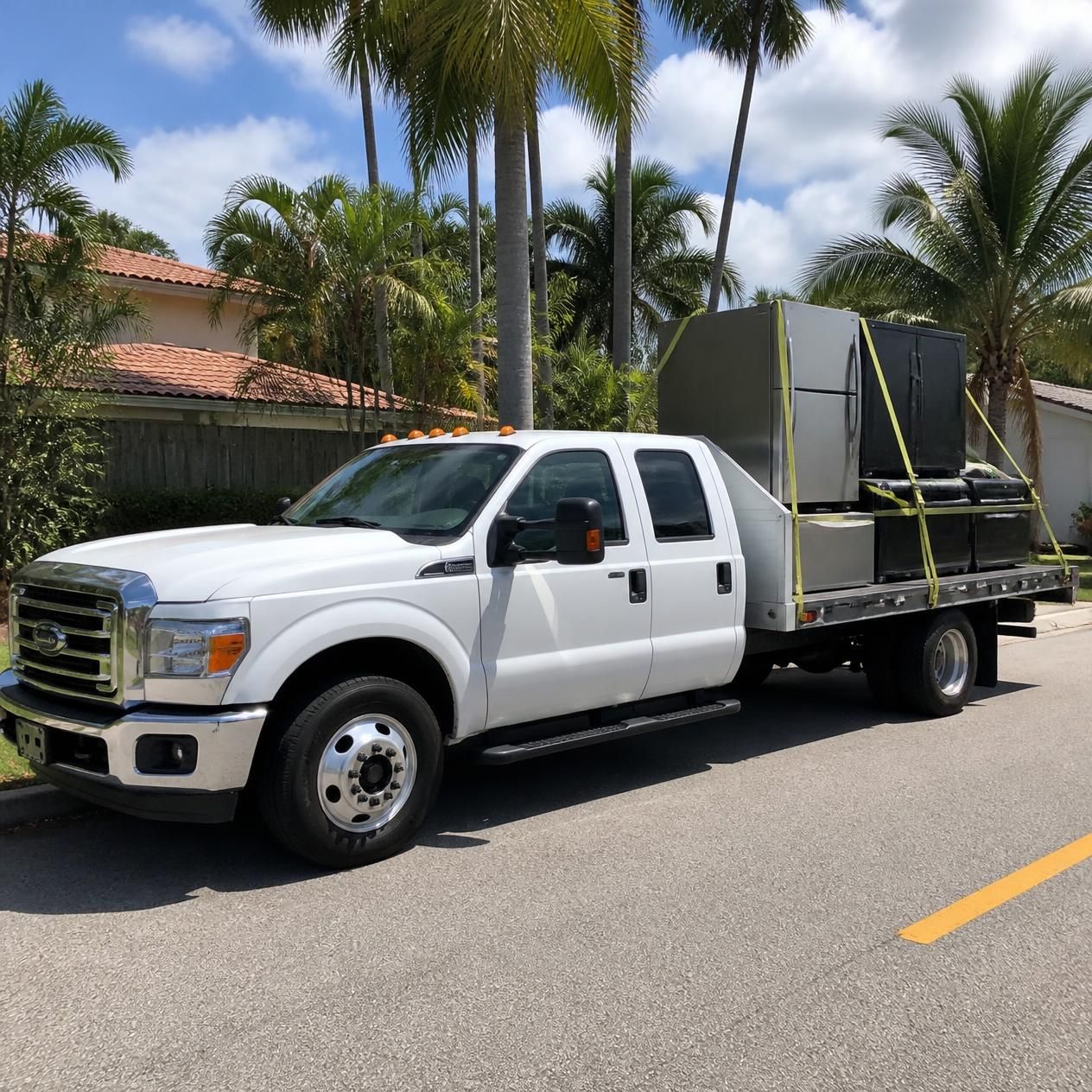 Work truck loaded up with appliances including refrigerator