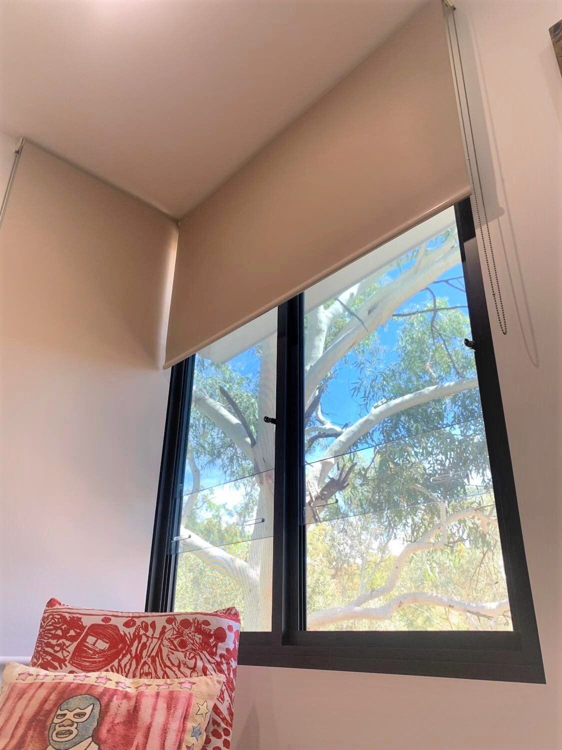 Beige Roller Blind Covers a Window with A View of A Tree — Alice Mobile Blinds in Ciccone, NT