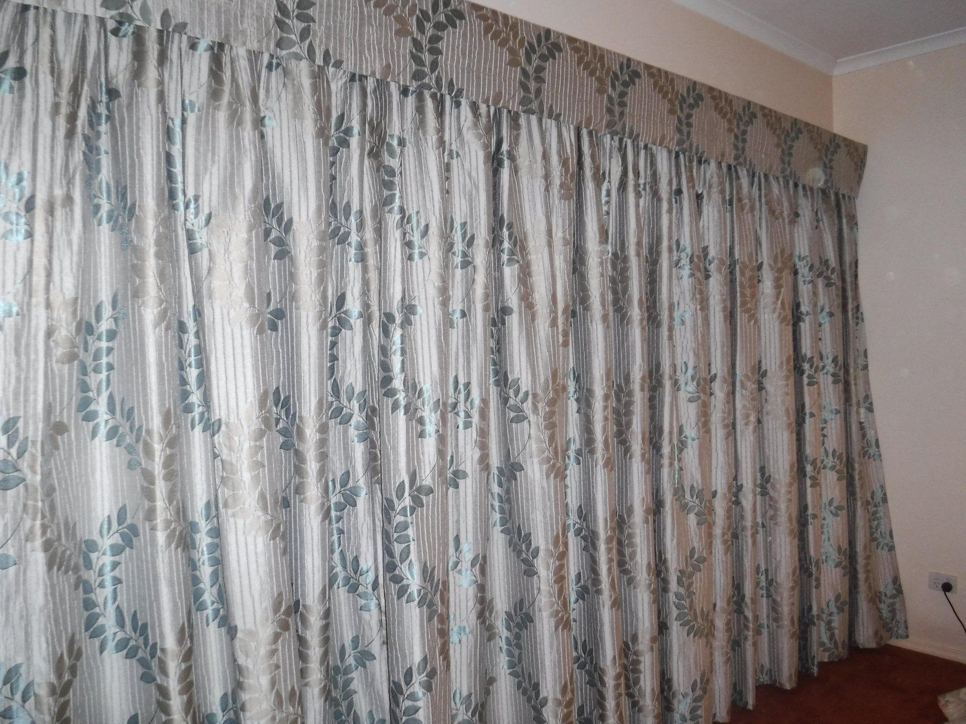 Curtains with A Leaf Pattern, in Shades of Blue and Tan — Alice Mobile Blinds in Ciccone, NT