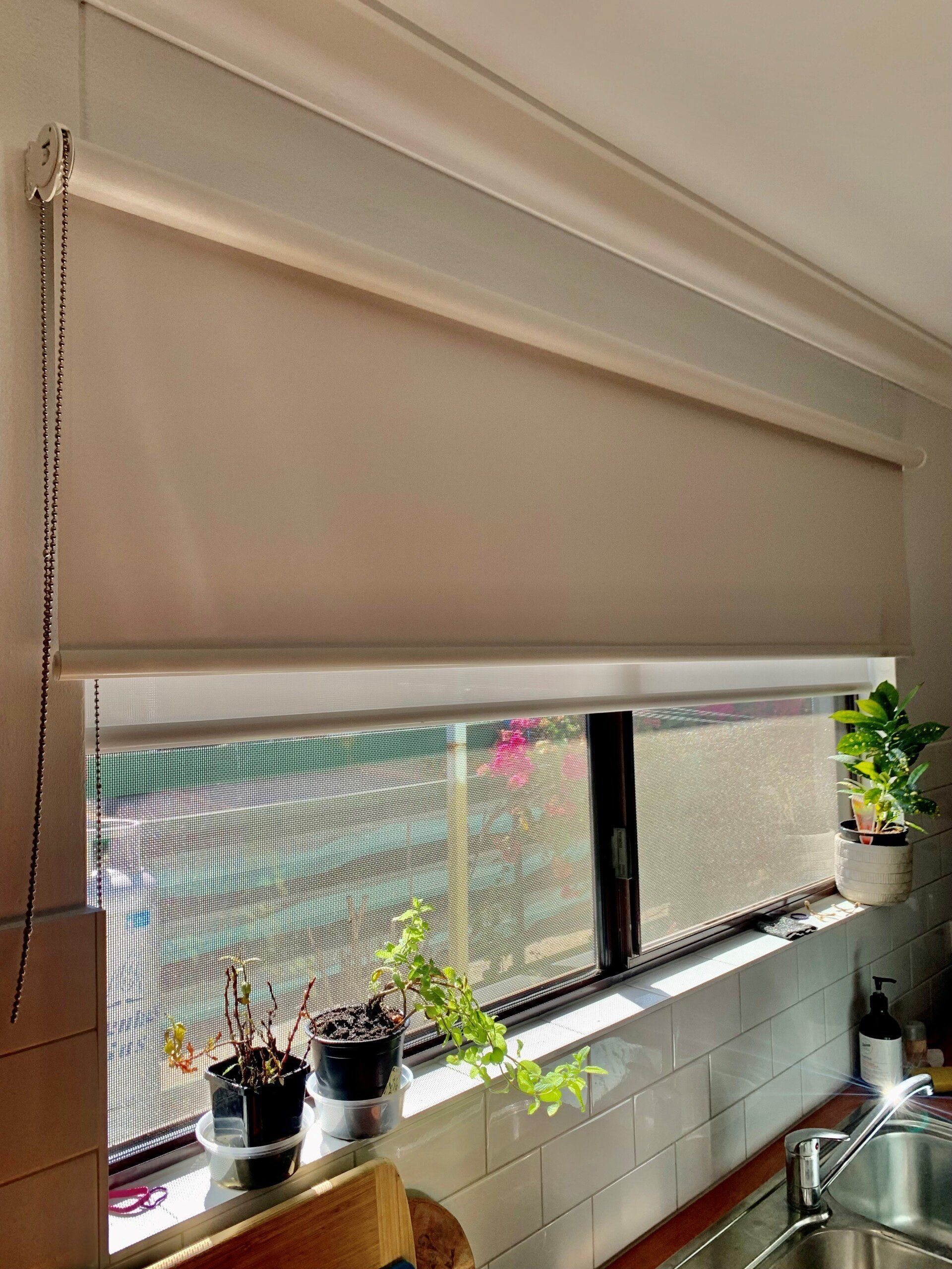 Beige Roller Blinds Over a Window with Plants — Alice Mobile Blinds in Ciccone, NT