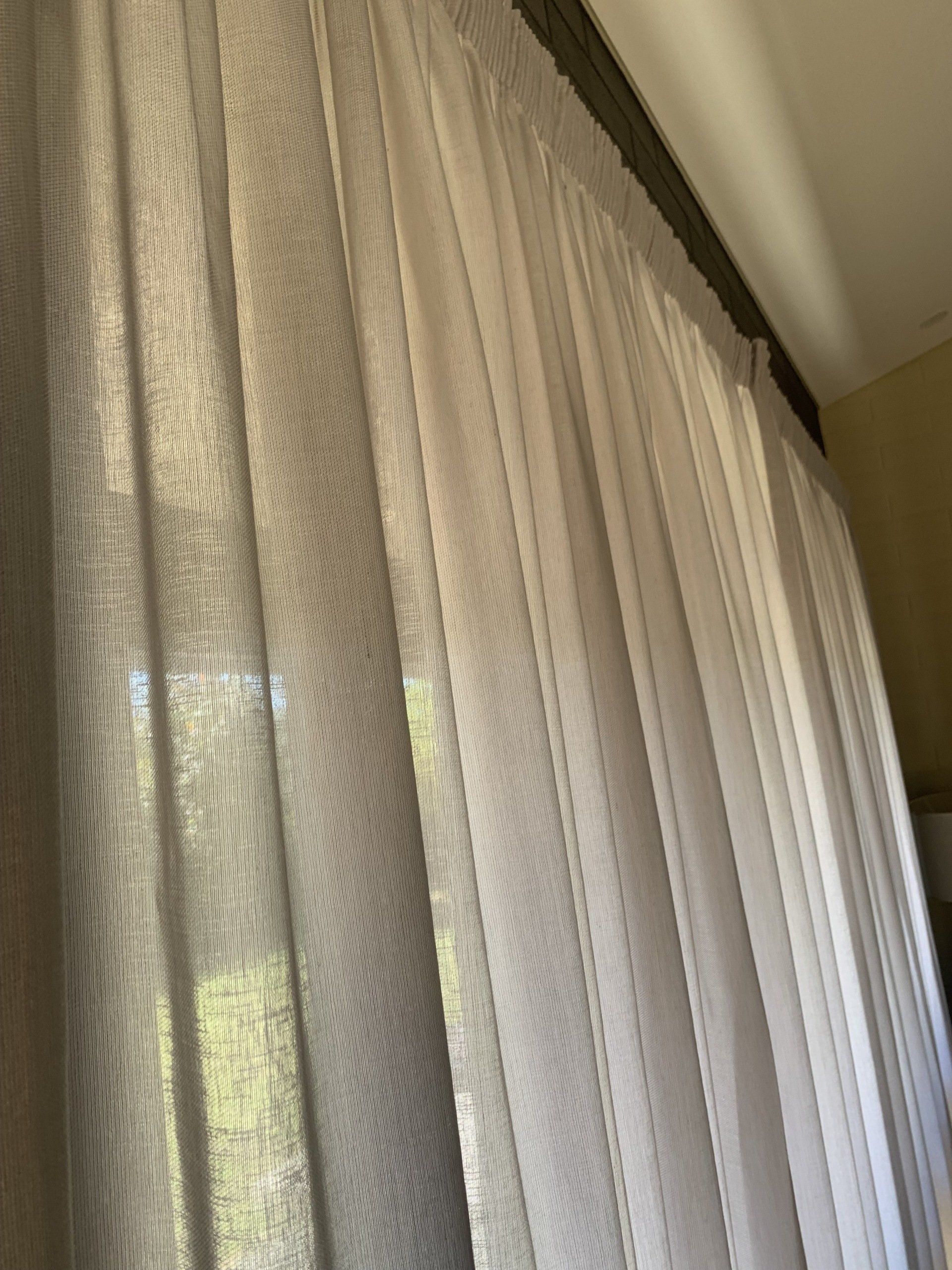White Sheer Curtains Hanging from A Dark Rod — Alice Mobile Blinds in Ciccone, NT