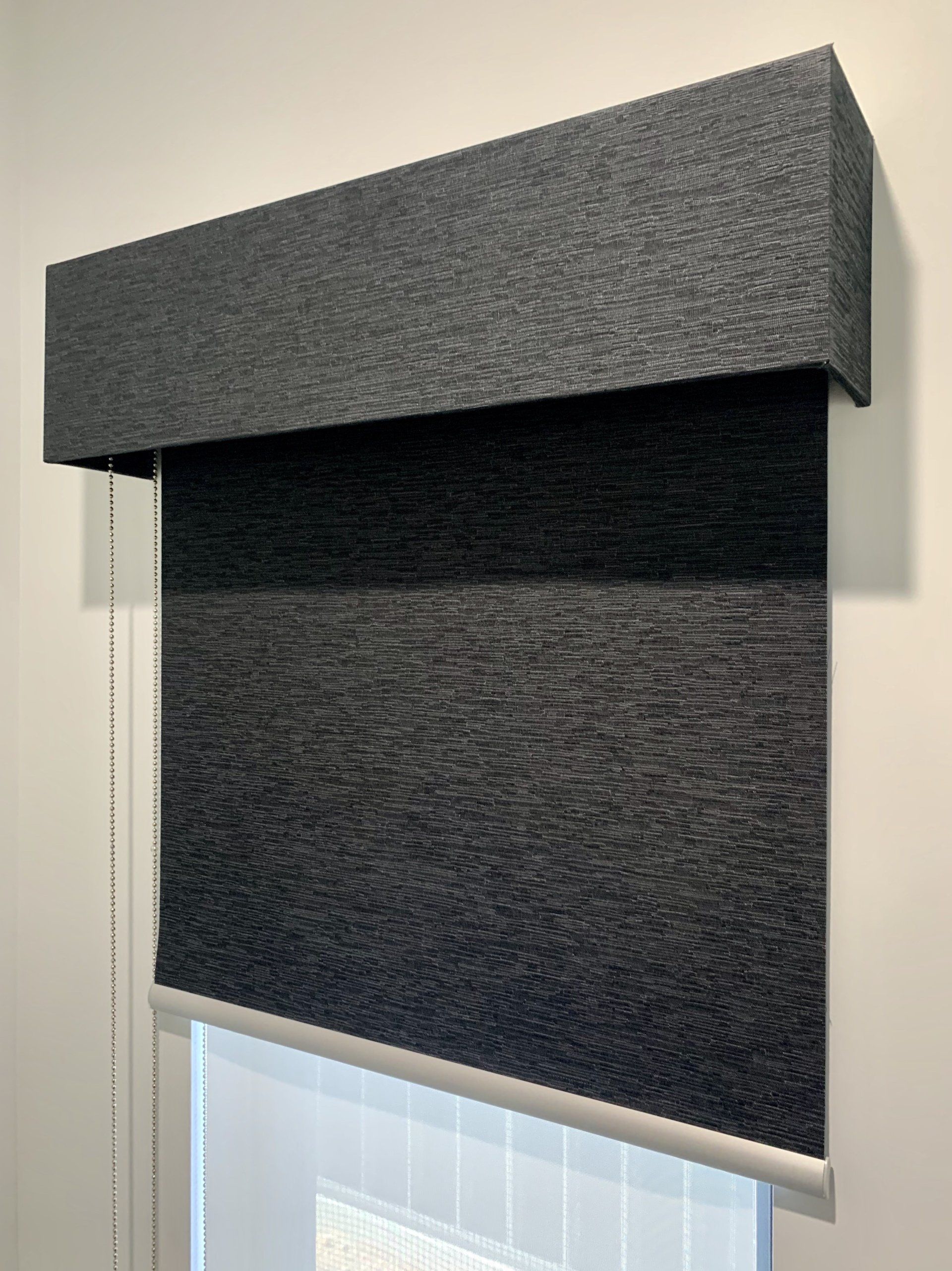 Dark Grey Roller Shade with Matching Valance — Alice Mobile Blinds in Ciccone, NT