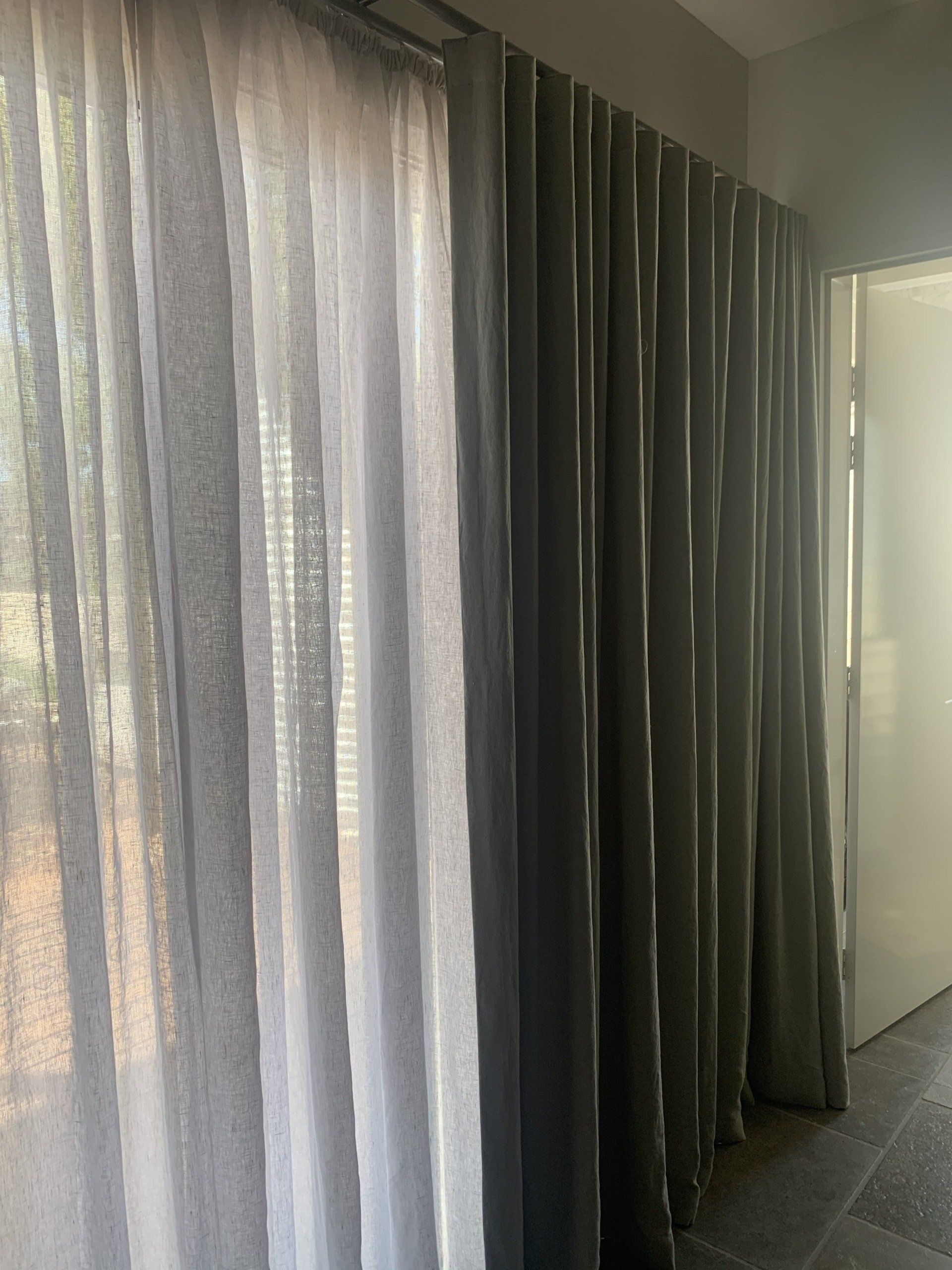 Light Grey Sheer and Solid Grey Curtains — Alice Mobile Blinds in Ciccone, NT