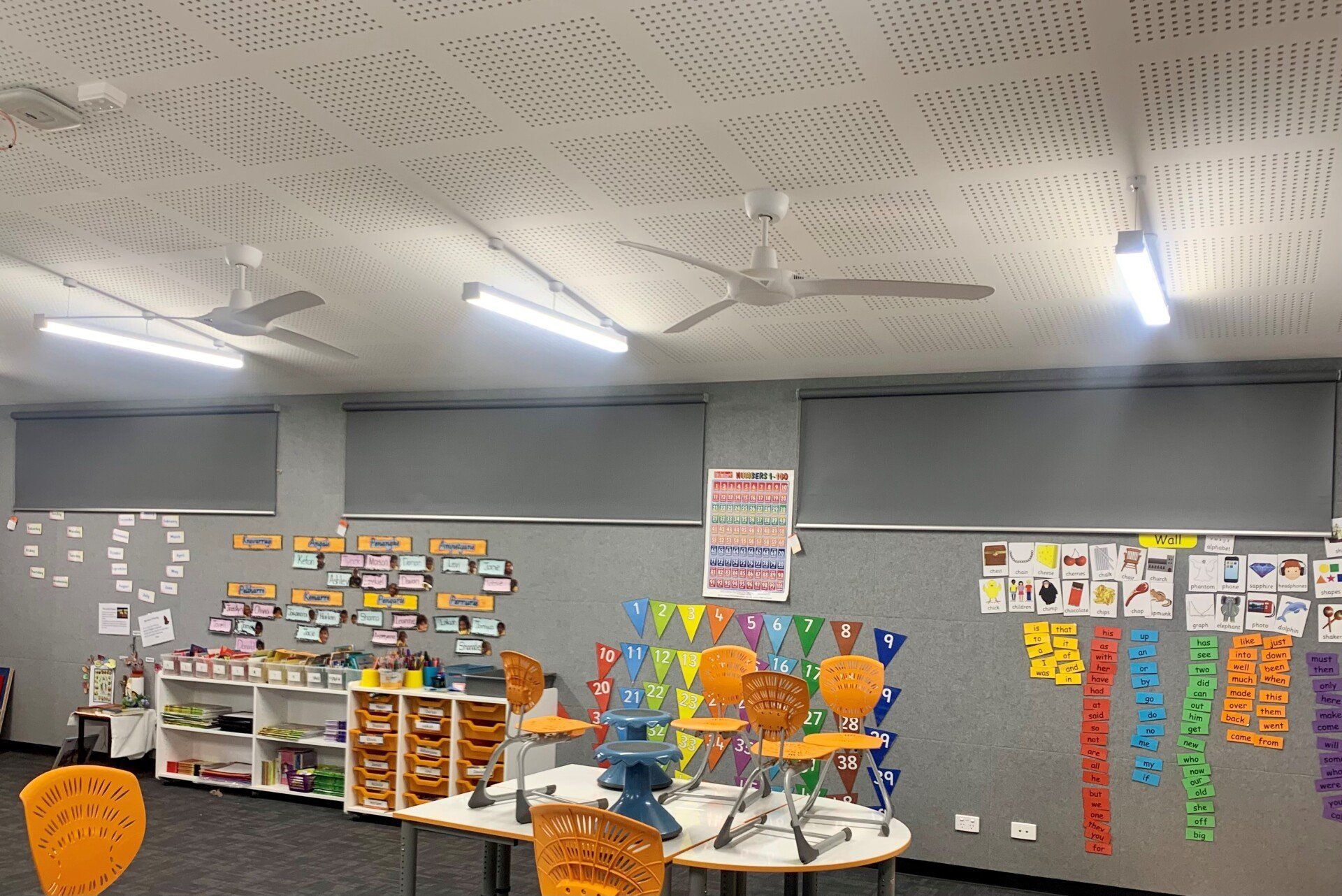 Classroom with Grey Walls, White Ceiling and Learning Materials — Alice Mobile Blinds in Ciccone, NT