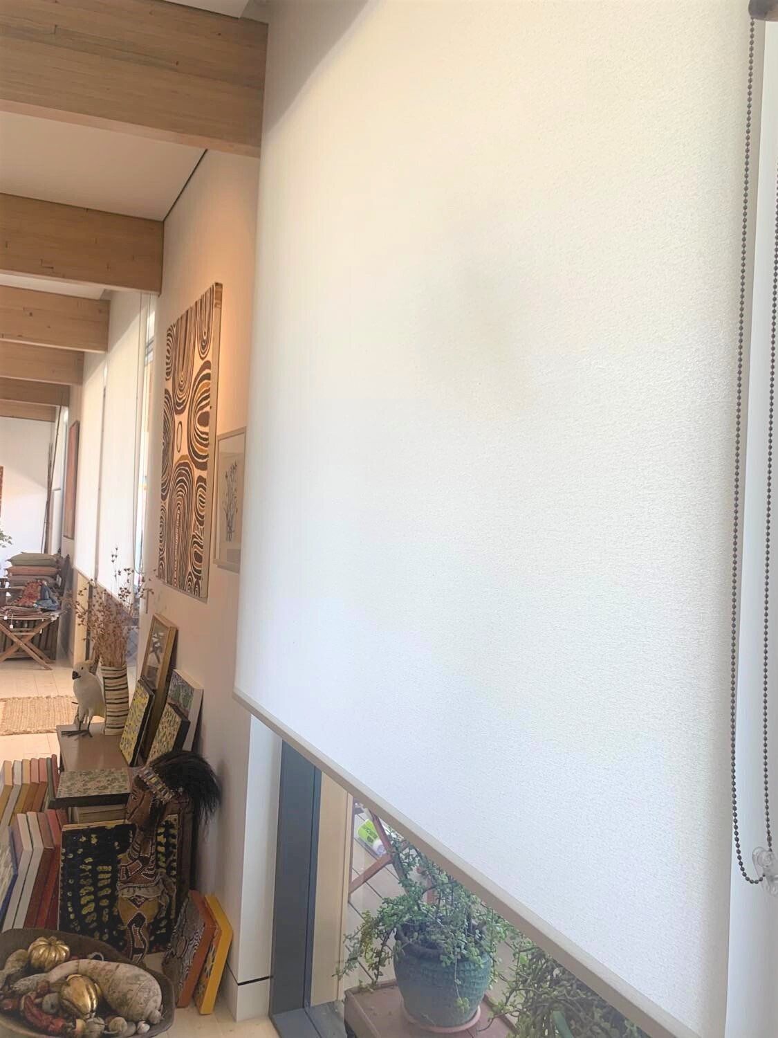 White Roller Blind Partially Covers a Window with A View of Plants — Alice Mobile Blinds in Ciccone, NT