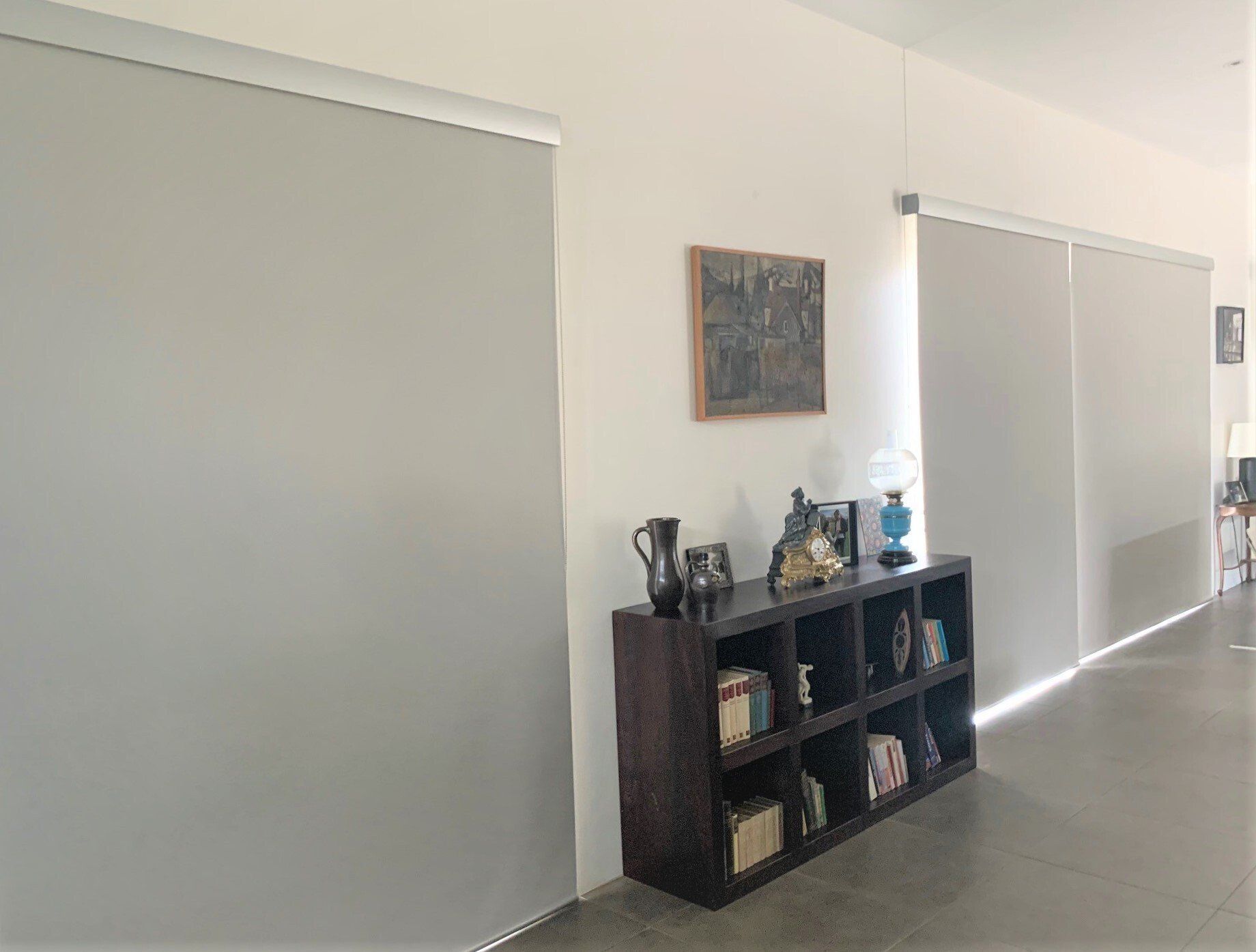 Roller Shades Cover Windows in A Room with A Bookcase — Alice Mobile Blinds in Ciccone, NT