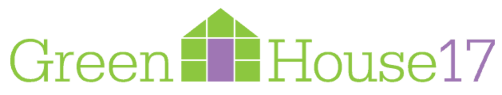 a green and purple logo for green house 17