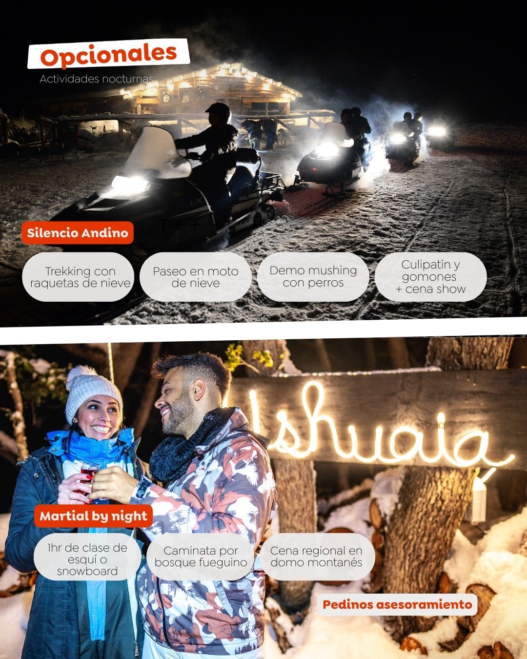 Motos de nieve de noche; pareja disfrutando del cartel de Ushuaia con bebidas calientes.