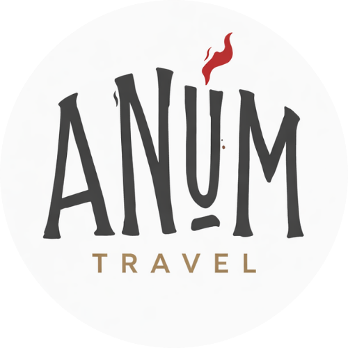 Logotipo de Anum Travel: letras en gris oscuro y negrita en un círculo con una llama roja encima. 