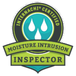 INACHI Certified Moisture Intrusion Inspector badge, green and blue with water drop graphic.