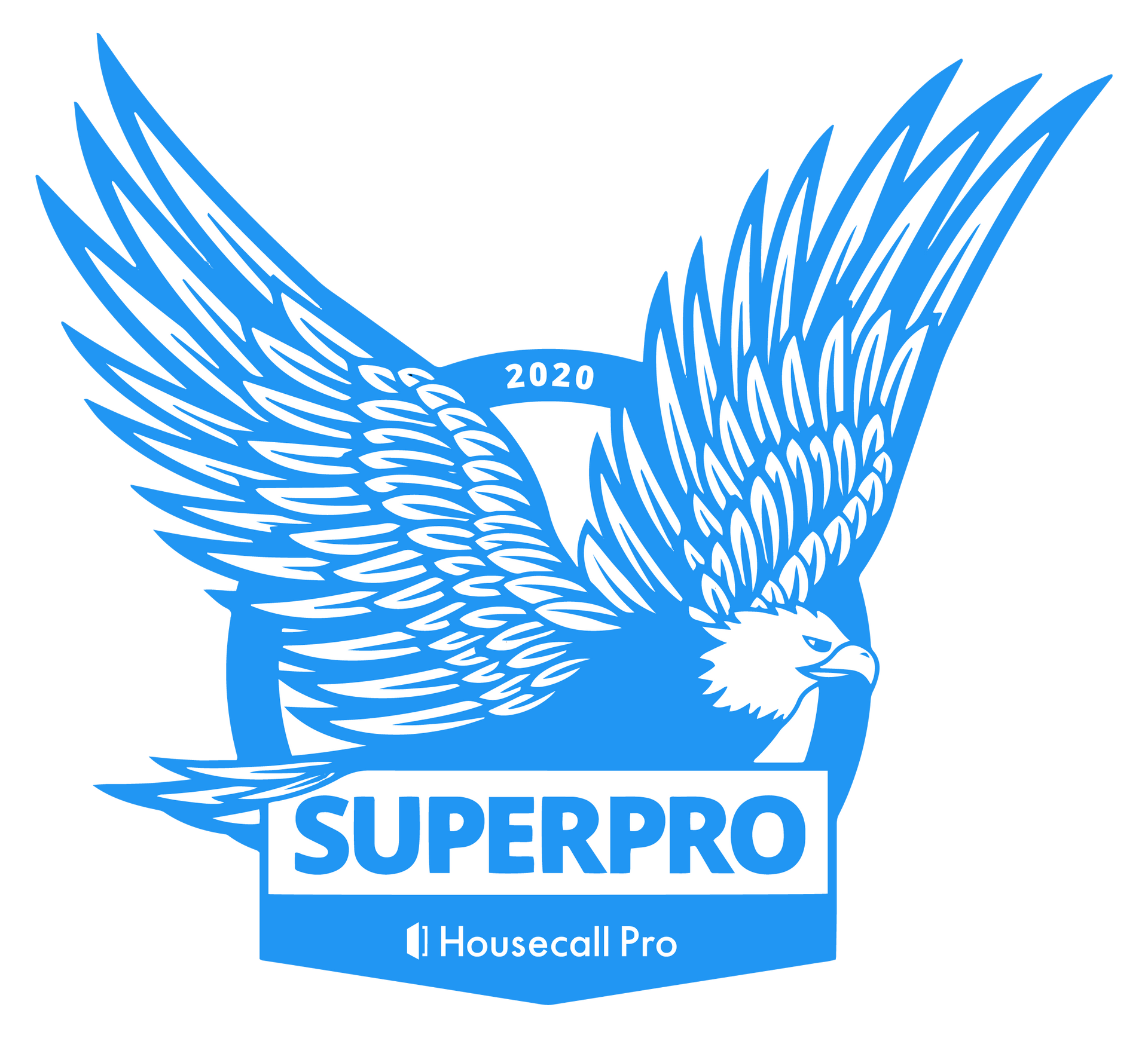 Blue SUPERPRO Housecall Pro logo with a winged eagle and “2020” text