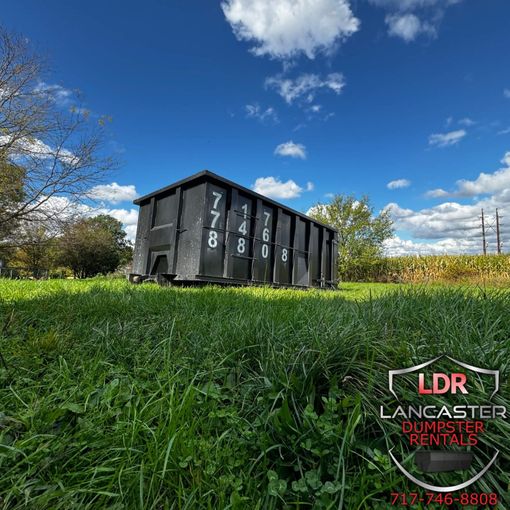 A large black dumpster is sitting in the middle of a grassy field.