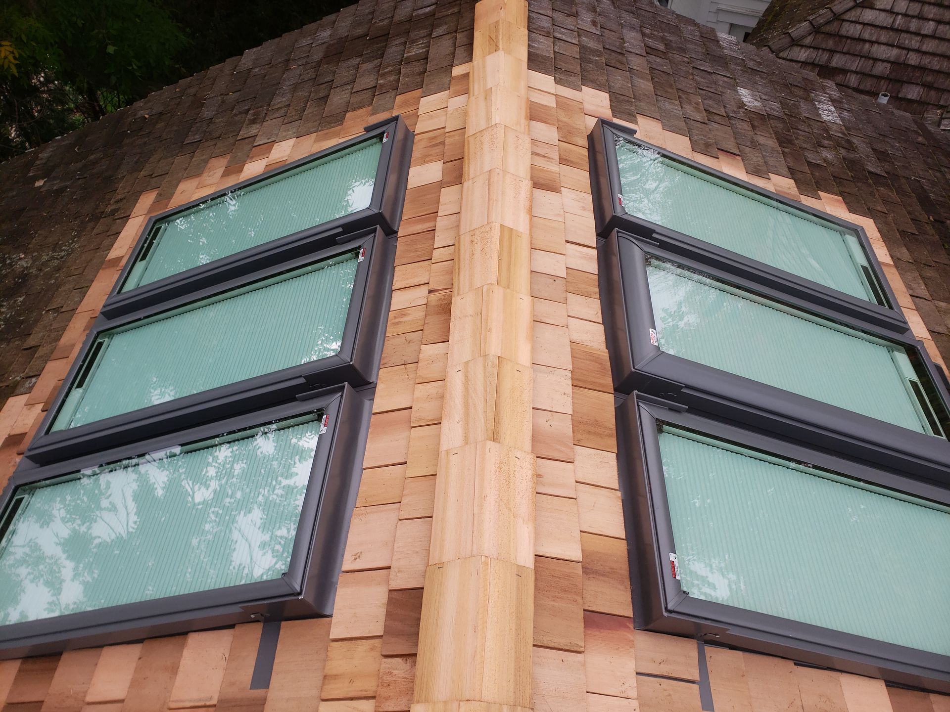 A roof with a lot of skylights on it