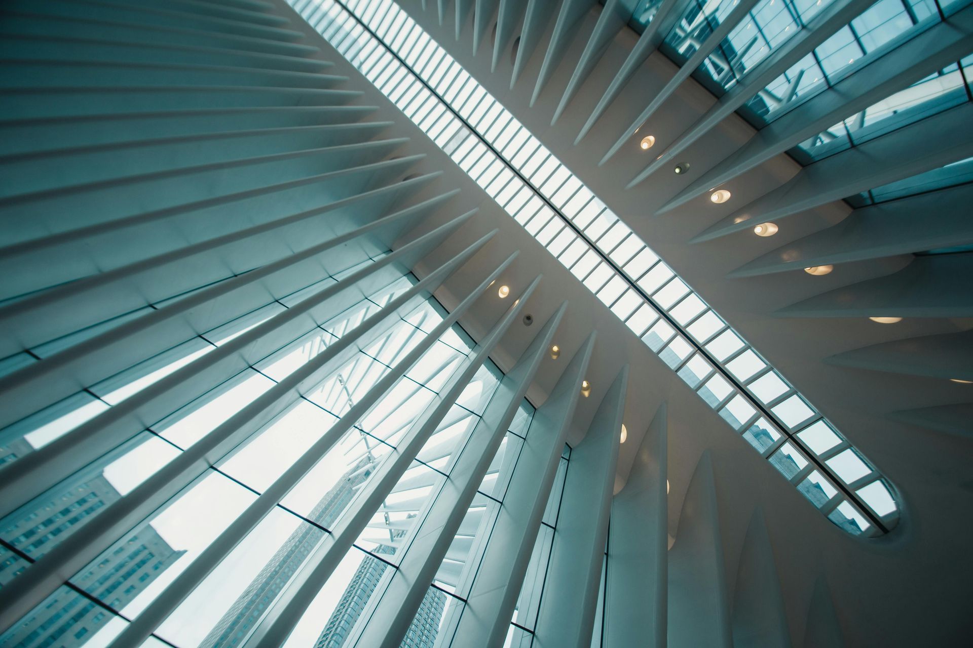 Looking up at the ceiling of a building with a lot of windows