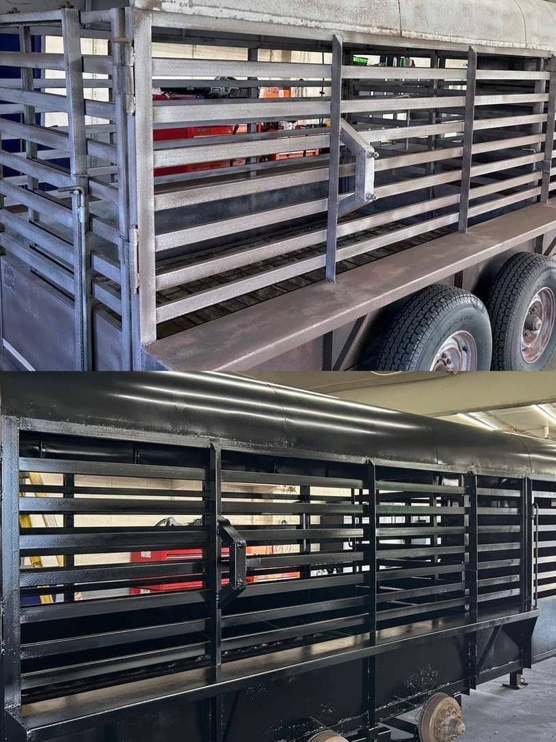 A before and after picture of a truck with a fence on it.