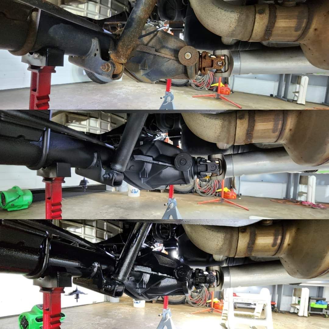 Three pictures of a car being worked on in a garage