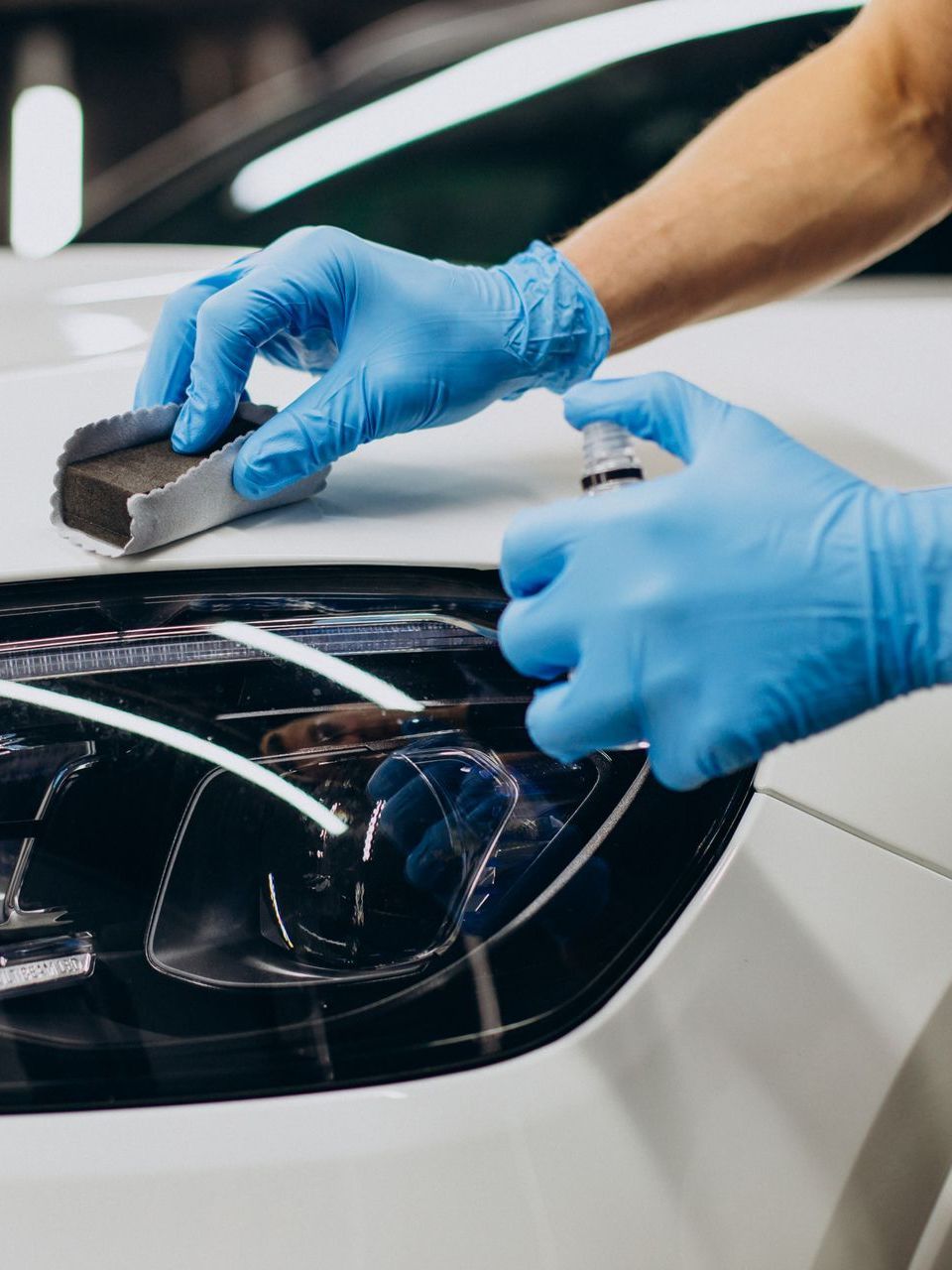 A person wearing blue gloves is polishing the hood of a white car.