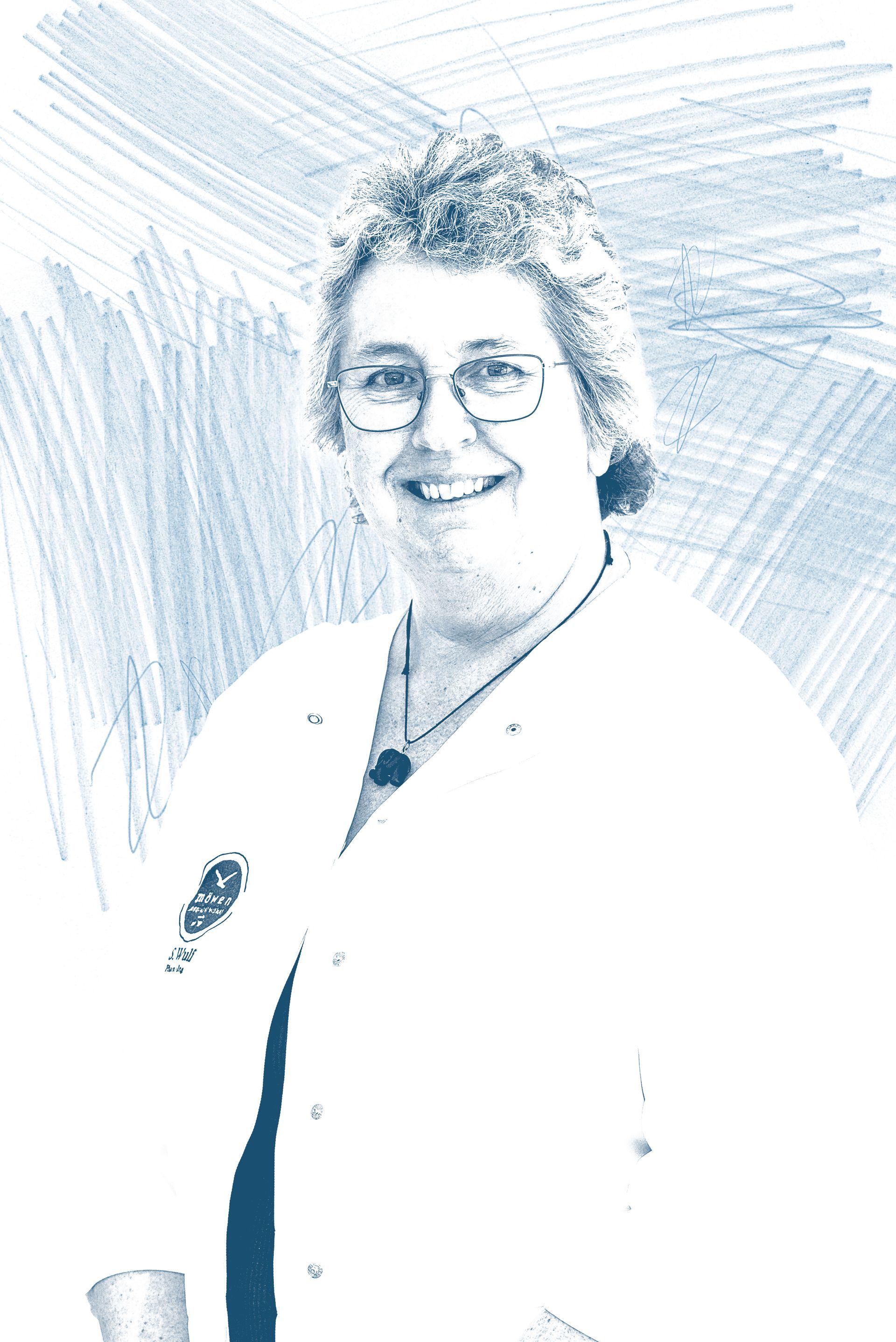 Eine Schwarzweißzeichnung einer Frau mit Brille und weißem Kittel.