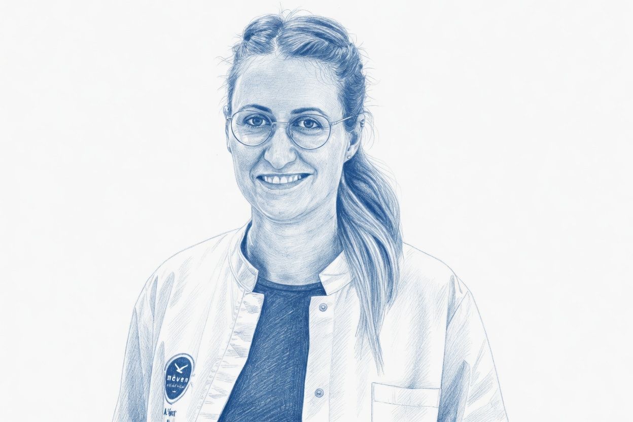 Eine Zeichnung einer Frau mit Brille und Laborkittel.