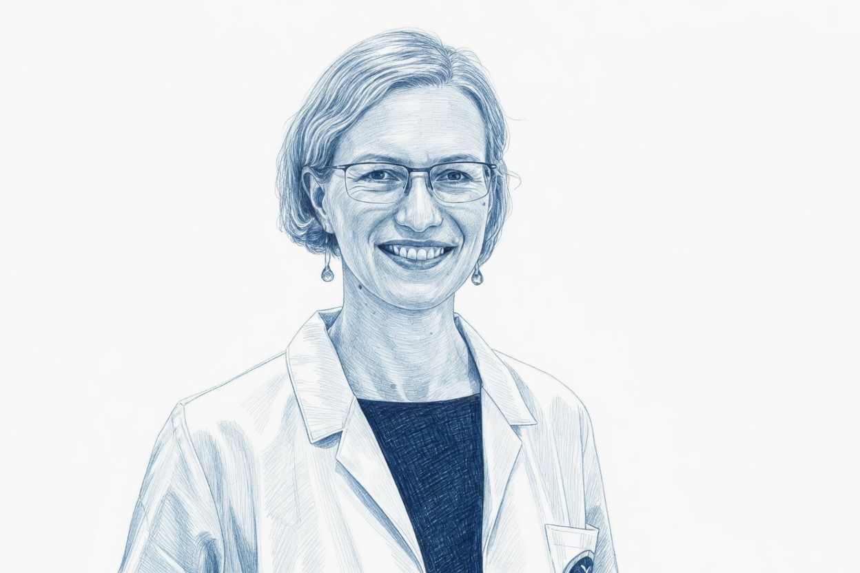 Eine Schwarzweißzeichnung einer Frau mit Brille und weißer Jacke.