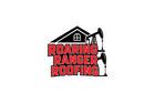 Logo for Roaring Ranger Roofing: black house and oil derrick with red text on a white background.