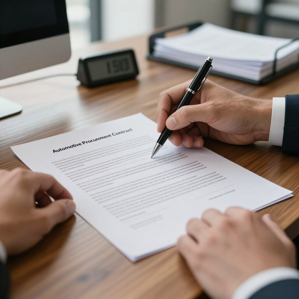 Hands signing a business document at a desk with laptop, clock, and papers nearby