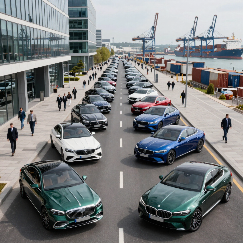 Two rows of luxury cars line a waterfront road beside offices and shipping cranes.