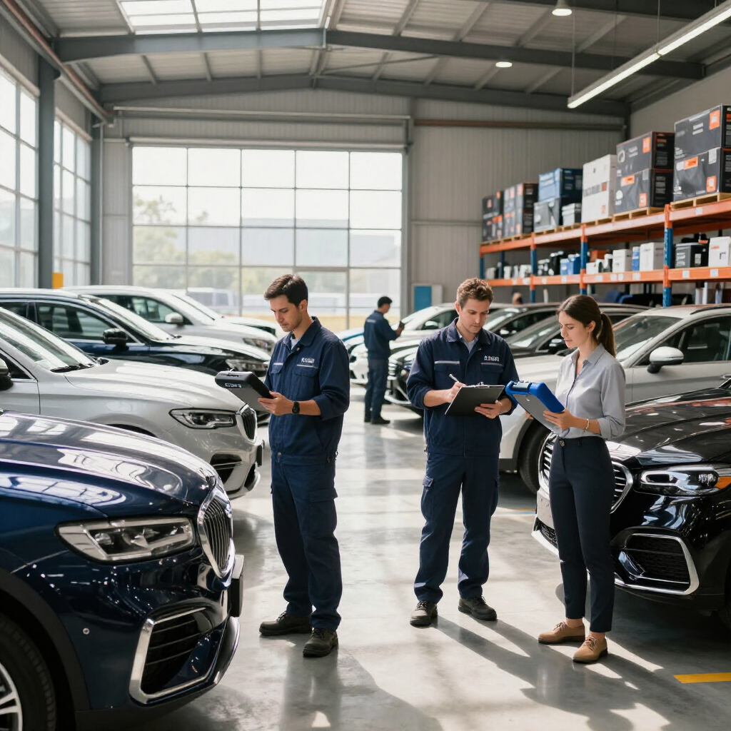 Three mechanics reviewing paperwork between rows of cars in a bright auto service garage
