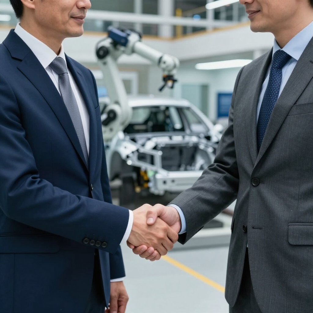 Two businesspeople in suits shaking hands in a factory with a car assembly robot in the background