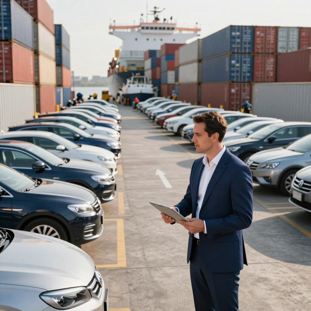 Businessman with tablet standing between rows of parked cars in a shipping yard with stacked containers.