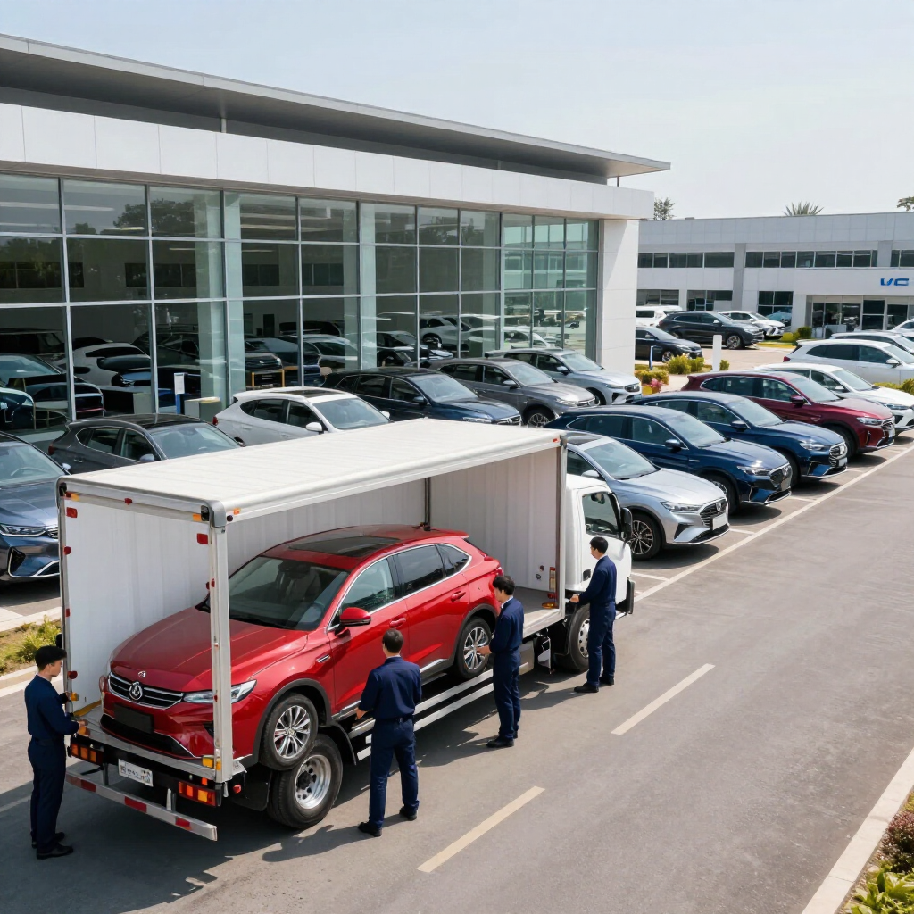 Red SUV being unloaded from a truck outside a car dealership with rows of parked cars