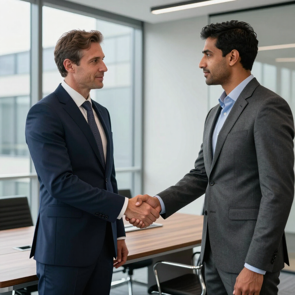 Two businesspeople in suits shaking hands in a bright office conference room