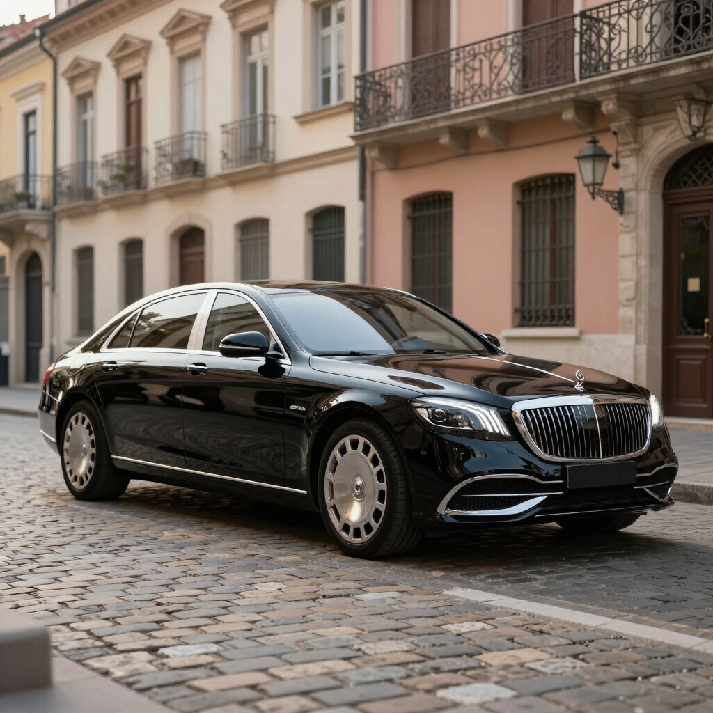 Black luxury sedan parked on a cobblestone street beside pastel historic buildings
