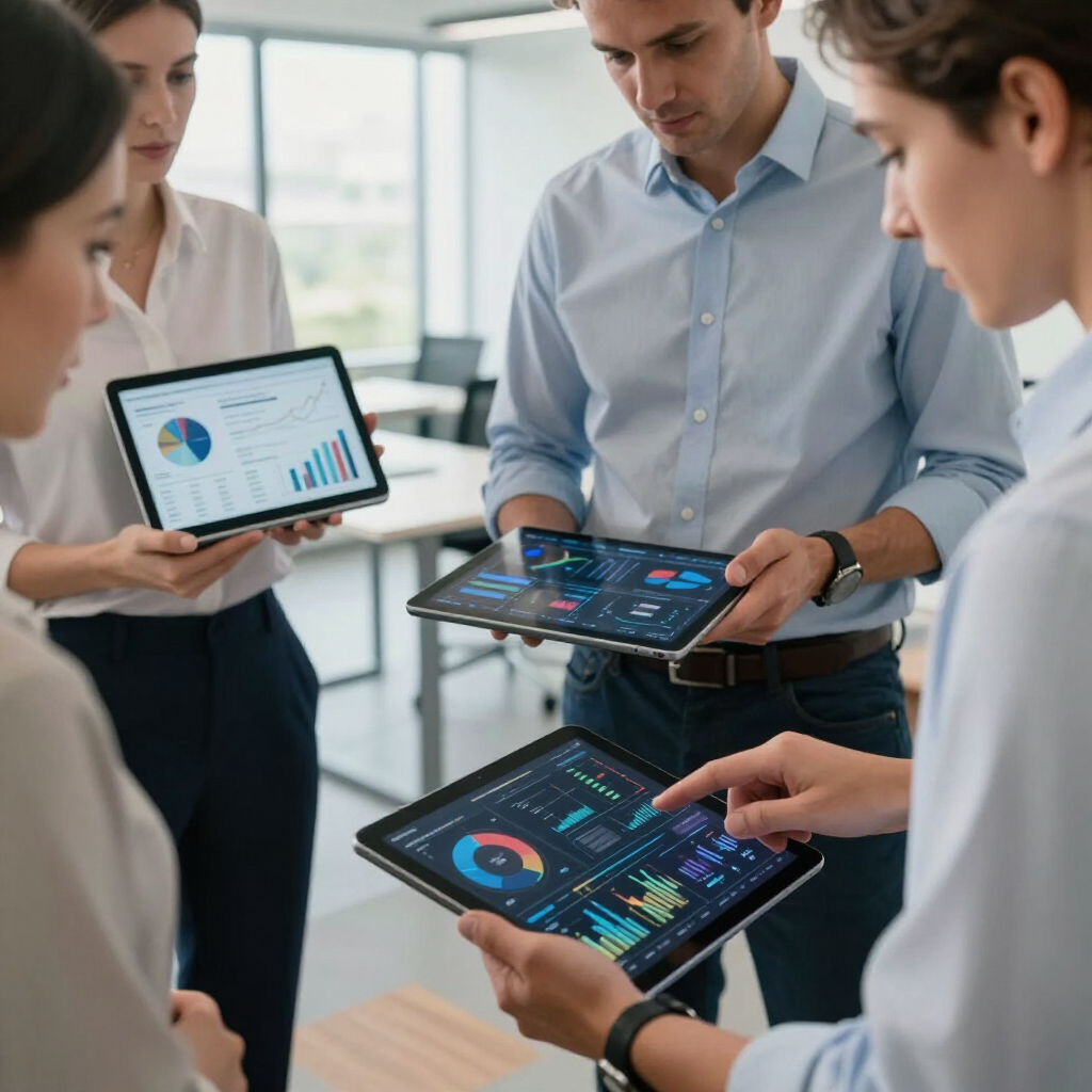 People collaborating in an office, holding tablets with colorful analytics dashboards.
