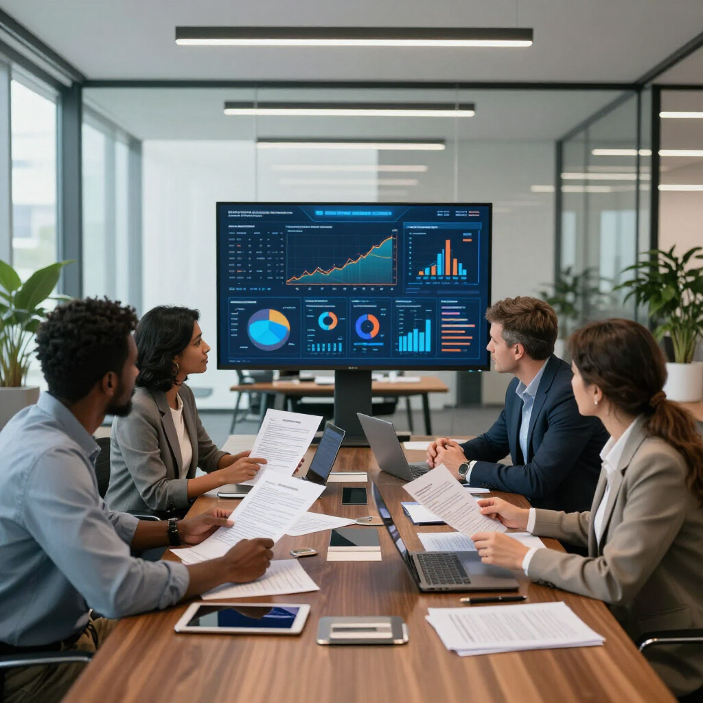 Business team in a glass conference room reviewing analytics on a large display