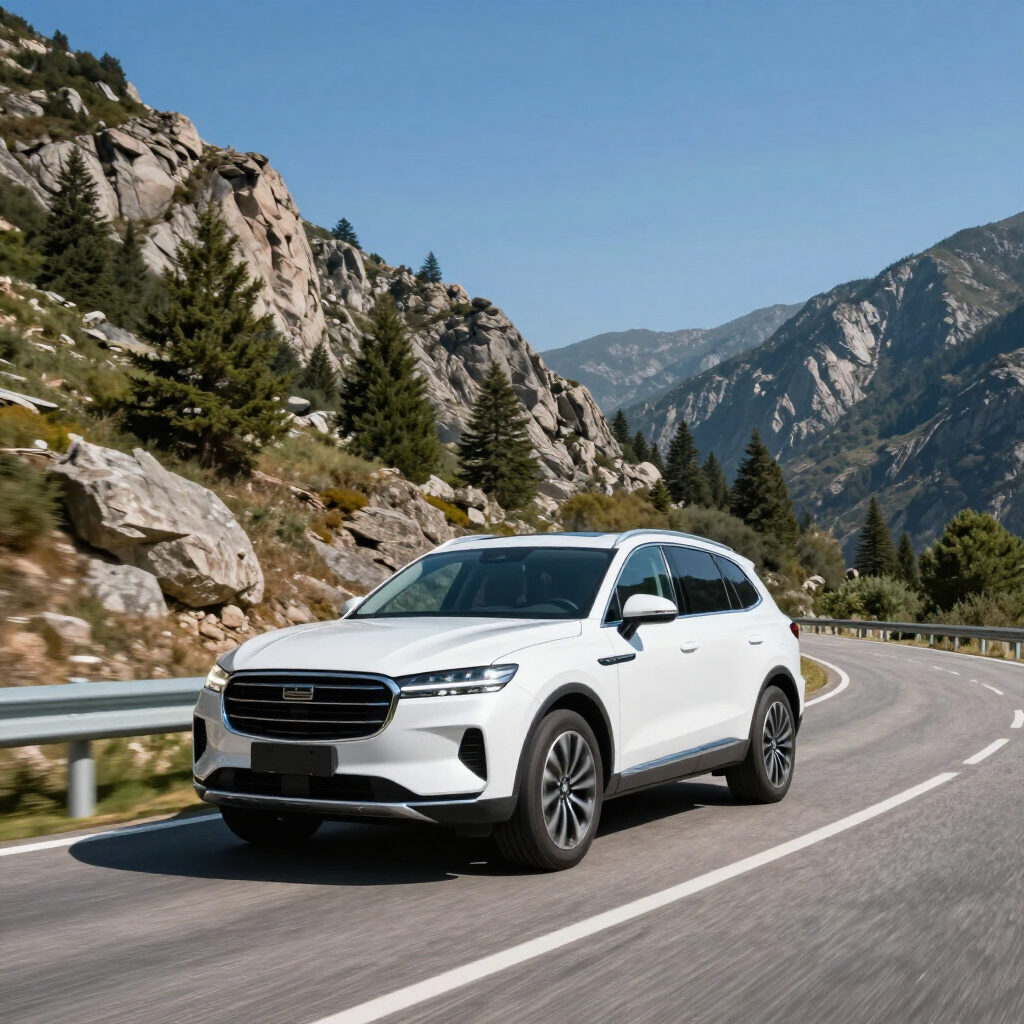 White SUV driving on a winding mountain road with rocky peaks and pine trees under a blue sky