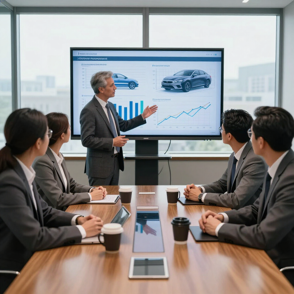 Business team in a conference room watching a presentation with car charts on a large screen
