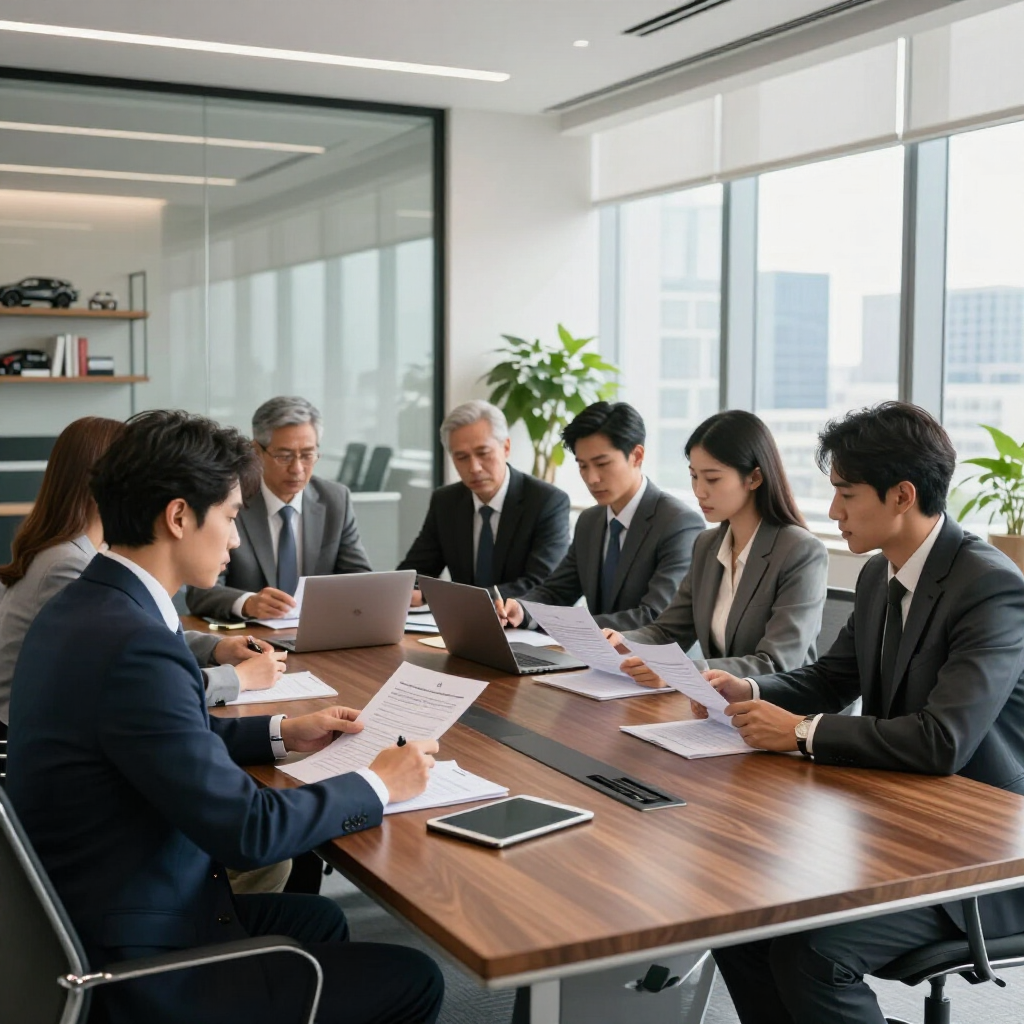 Business meeting in a modern glass conference room, with six people reviewing documents around a wooden table.