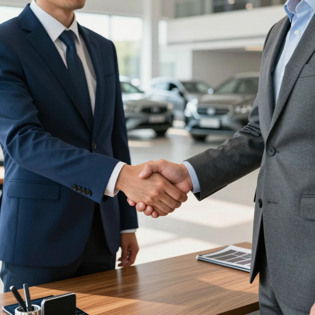 Two businesspeople in suits shaking hands across a desk in a bright car showroom