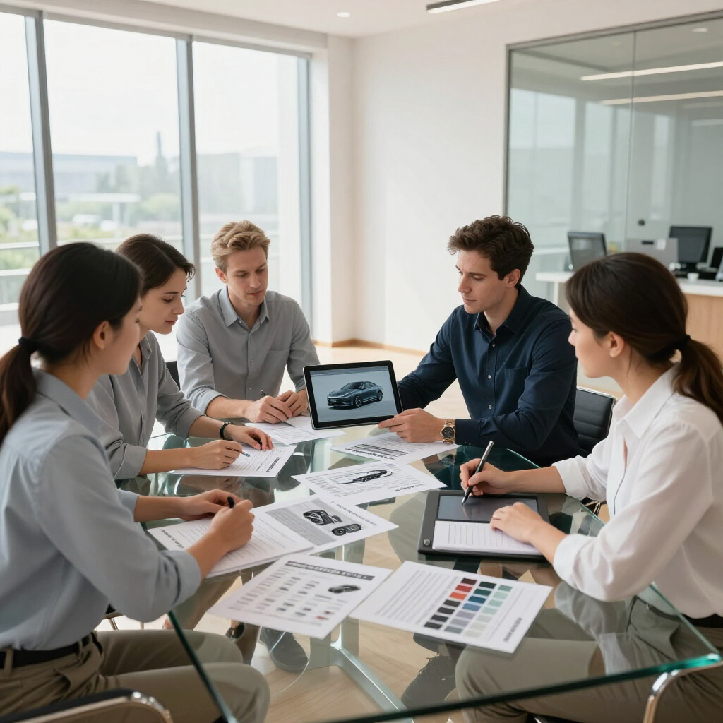 Team meeting in a bright glass conference room, reviewing charts and a laptop around a table.