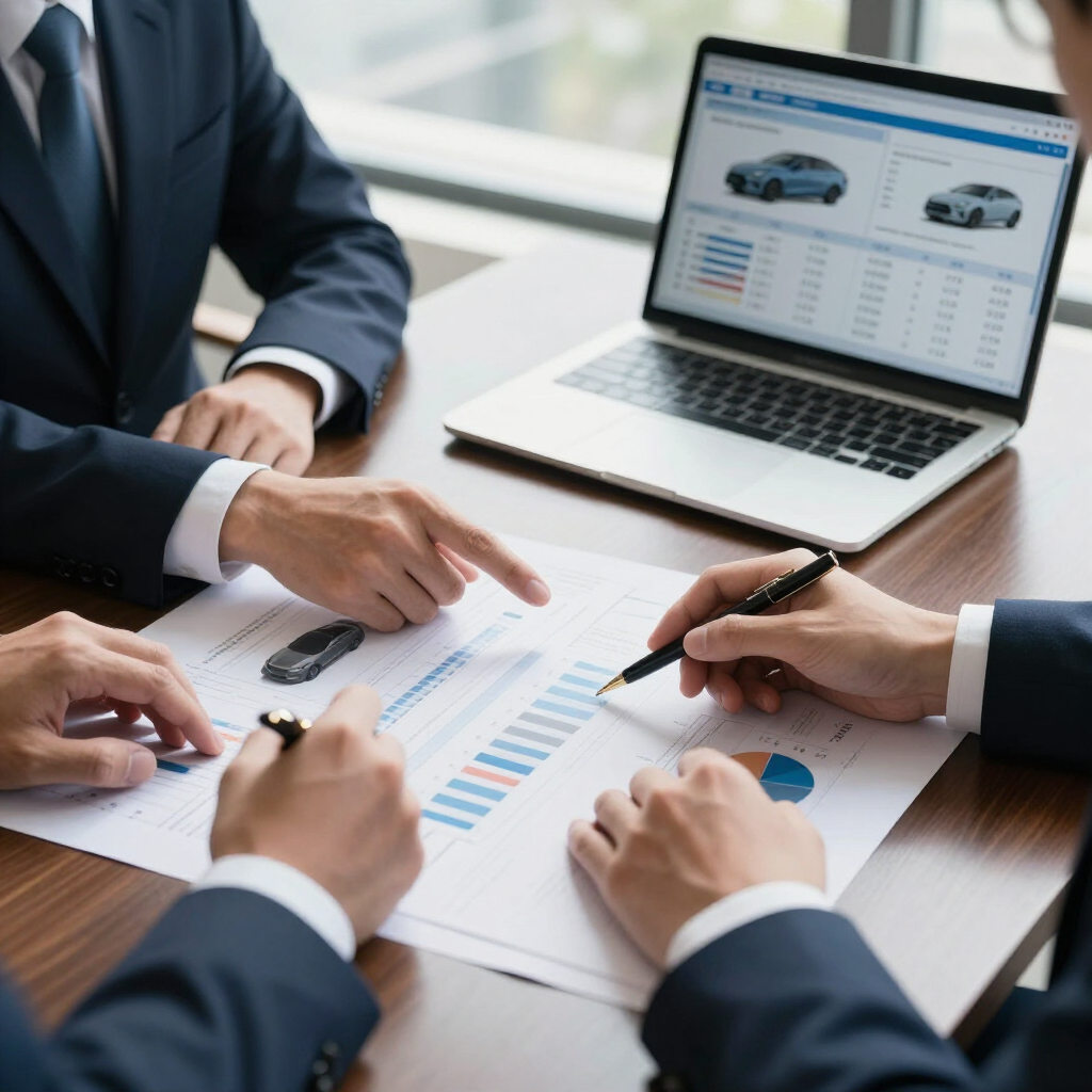 Business team reviewing charts and a car sales report on a laptop at a conference table