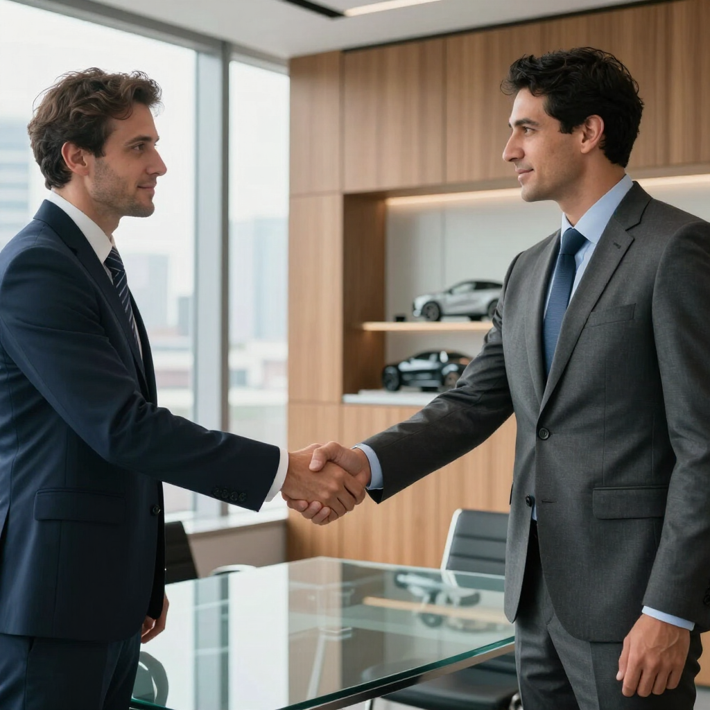 Two businessmen in suits shaking hands across a glass conference table in a modern office