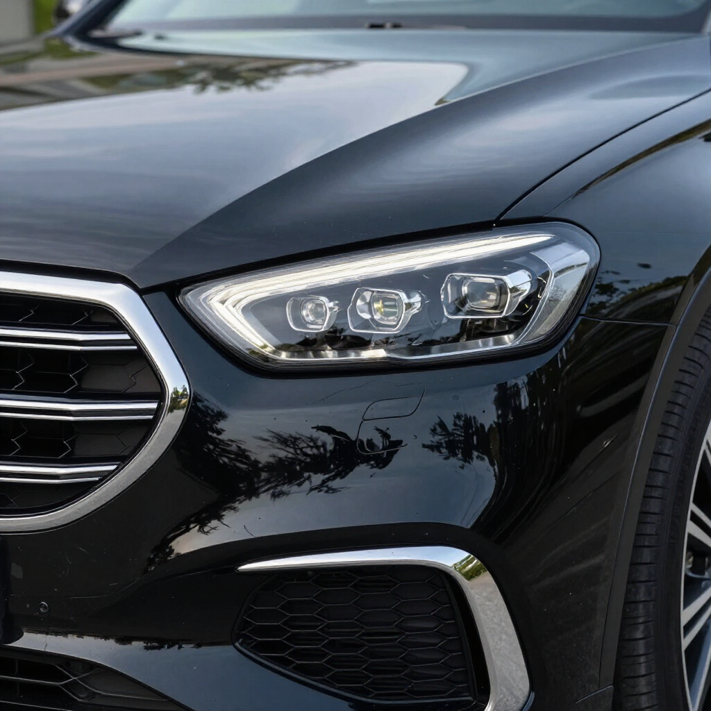 Close-up of a black car’s front headlight and grille with chrome accents