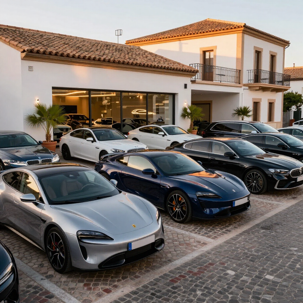 Luxury sports cars parked outside a modern villa at sunset