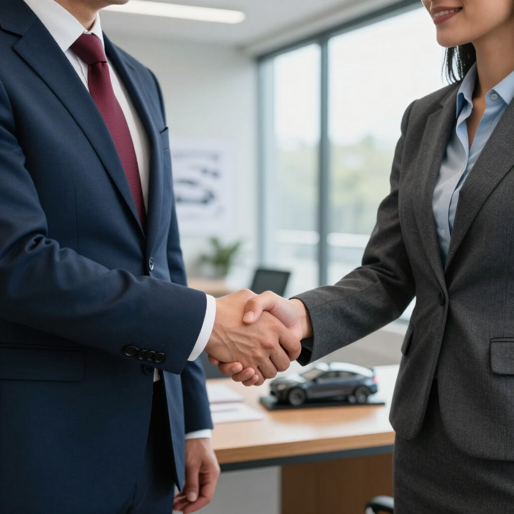 Businesspeople shaking hands in an office, with a model car on the desk.