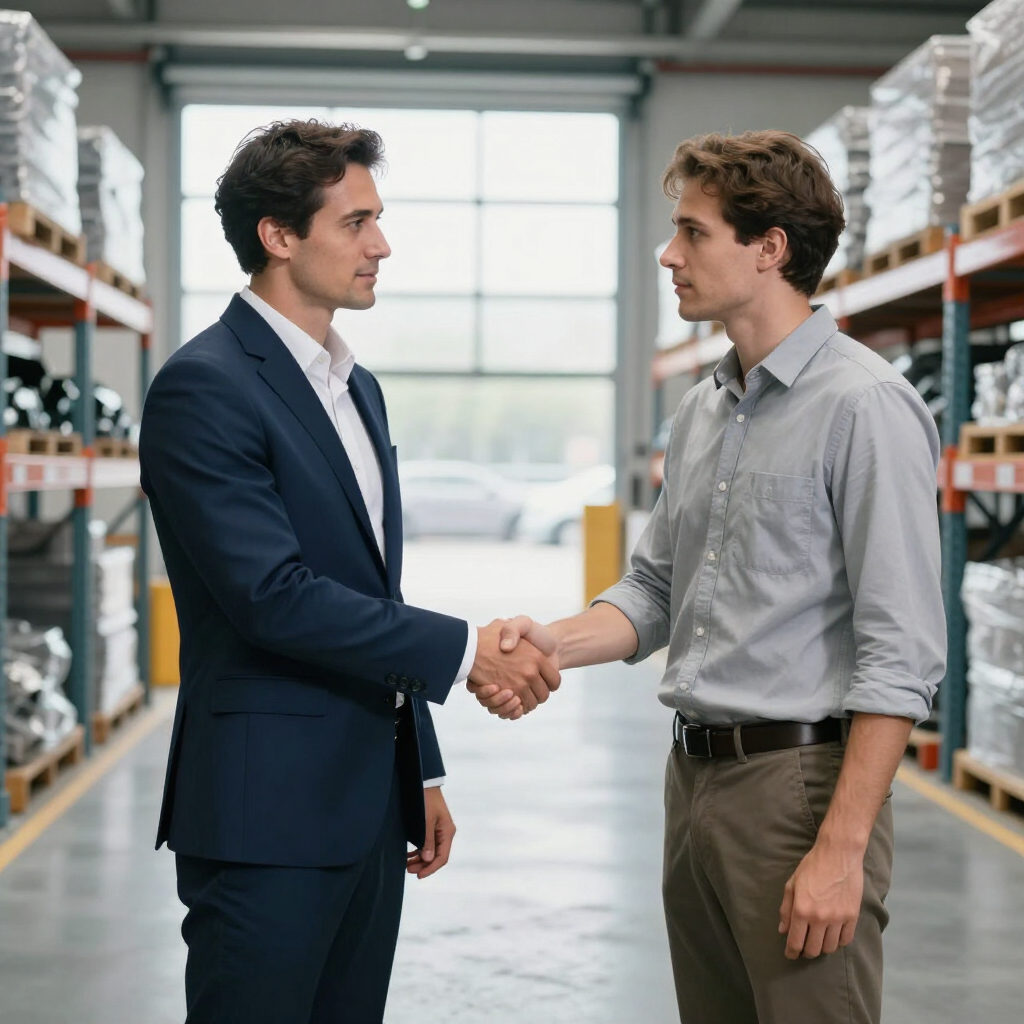 Two businessmen shaking hands in a warehouse aisle, with stacked boxes and shelves in the background.