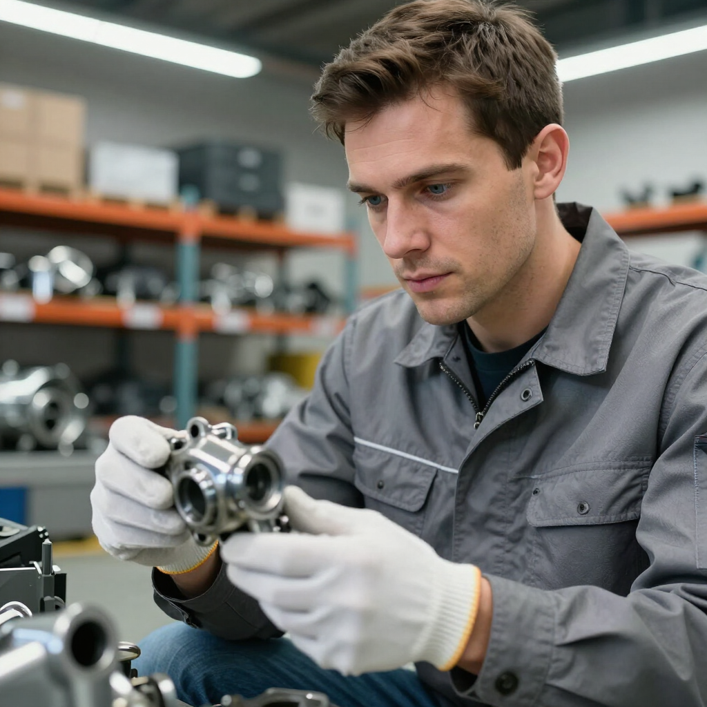 Mechanic inspecting a metal part in a workshop, wearing gray coveralls and white gloves.