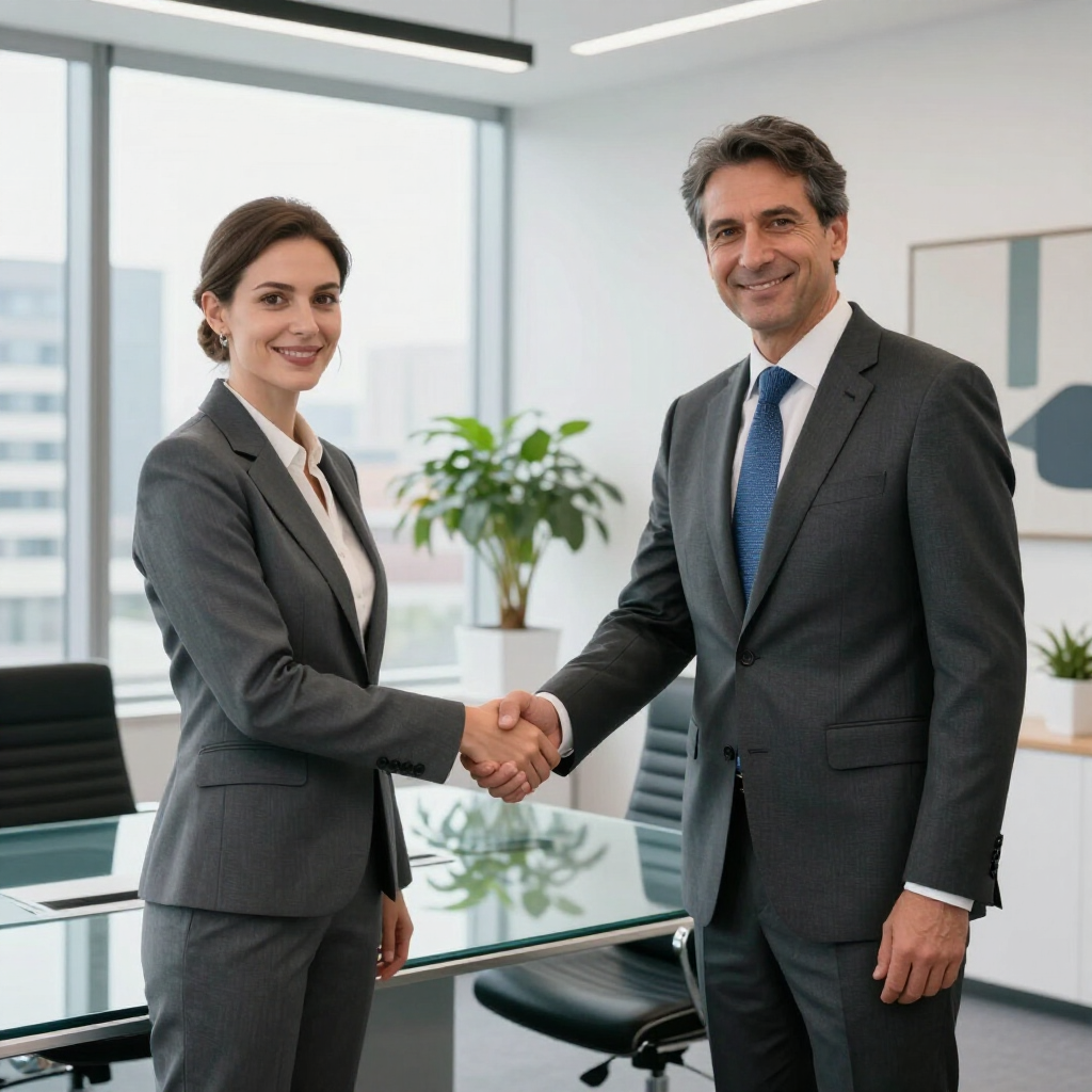 Two business professionals shaking hands in a modern office conference room