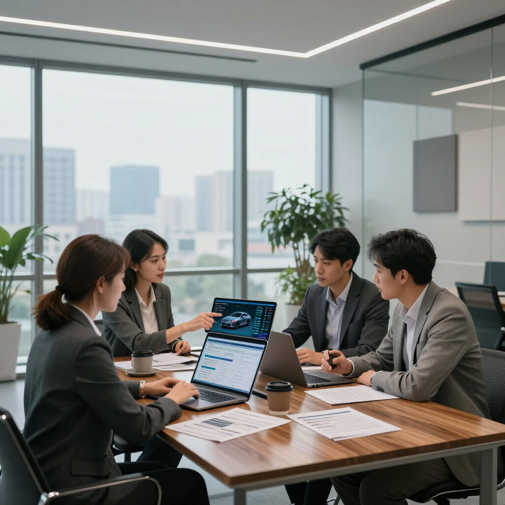 Business team meeting around a laptop in a bright modern office with city windows.